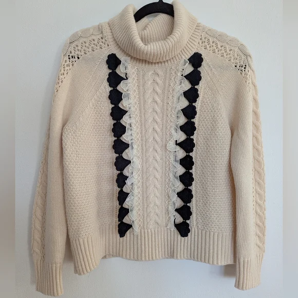 J. Crew Wool Embellished Cable Knit Turtleneck Sweater W/ Lace Detailing Ivory S - Picture 3 of 10